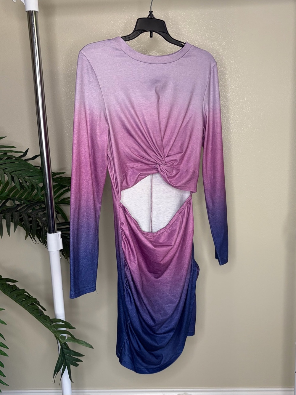Ombre Cut Out Mini Dress Long Sleeve Pink Purple Blue Bodycon Ruched Party Dress